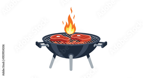 Classic charcoal barbecue grill with two sizzling steaks and flames, depicting a delicious outdoor cooking experience.
