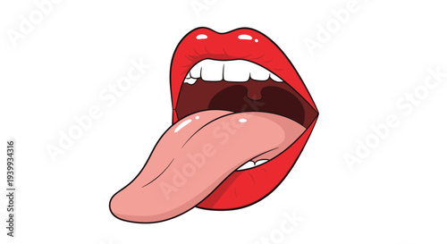 Expressive illustration of an open mouth with vibrant red lips and a long tongue extended, conveying various emotions or actions.
