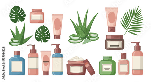 Comprehensive set of aloe vera plants and slices alongside various skincare and beauty products, emphasizing natural and gentle care.
