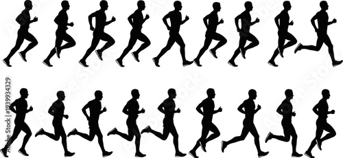 Black silhouette vector illustration of a male runner in motion showing a frame-by-frame sequence of a running cycle or gait.