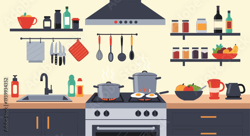 Lively modern kitchen interior with pots on the stove, frying eggs, organized shelves, and various cooking utensils.