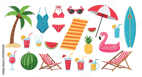Comprehensive collection of essential summer beach vacation elements, including swimwear, drinks, surfboard, and a flamingo float.
