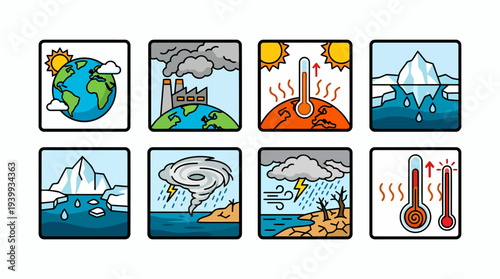 Climate Change and Environmental Disaster Icons with Global Warming Flood Storm Hurricane Melting Ice and Temperature Concept