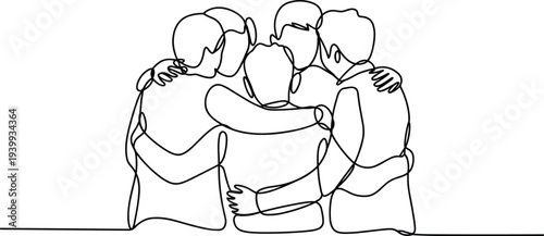 Minimalist continuous line drawing of five people in group hug from behind, symbolizing friendship, unity, solidarity, emotional support, community