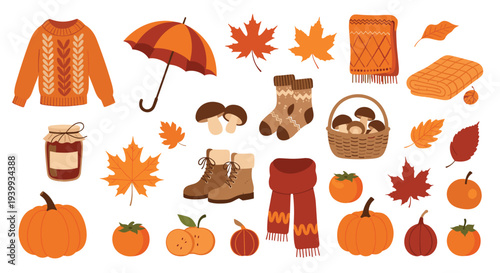 Extensive collection of cozy autumn comfort and harvest items, including sweaters, umbrellas, maple leaves, mushrooms, and pumpkins.