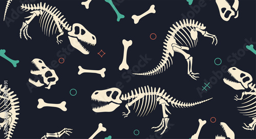 Engaging seamless pattern featuring various dinosaur skeletons and scattered bones, creating a prehistoric, adventurous, and educational design.