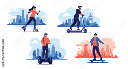 Collection of people enjoying modern urban personal transportation methods including rollerblading electric scooters and skateboards.