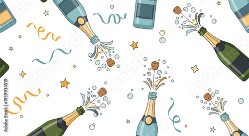 Festive seamless pattern showcasing popping champagne bottles with exploding corks bubbles stars and curling ribbons for celebration.