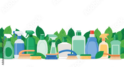 Assortment of eco-friendly cleaning supplies and tools featuring spray bottles sponges and brushes surrounded by fresh green leaves.