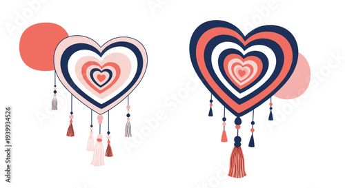 Beautiful heart-shaped bohemian dreamcatchers adorned with layered patterns tassels and beads in shades of pink blue and red.