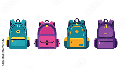 Vibrant collection of diverse school backpacks in various designs and bright colors ready for students to carry their essentials.