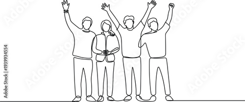 Minimalist continuous line drawing of four people standing side by side, symbolizing camaraderie, celebration, unity, teamwork, togetherness, support