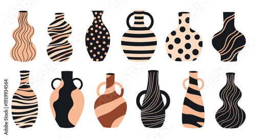 Diverse collection of contemporary ceramic vases showcasing unique abstract patterns and artistic shapes in earthy tones.