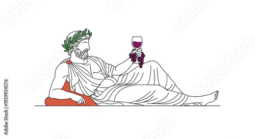 Elegant outline illustration of Dionysus the Greek god of wine and revelry reclining with a laurel wreath and a glass of grapes.