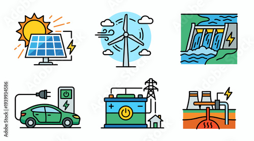 Renewable Power Technology Icons with Solar Energy Wind Turbines Hydropower Electric Vehicle Power Grid and Geothermal Energy