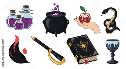 Mystical collection of dark magic and witchcraft elements including bubbling cauldrons spell books and enchanted potions.