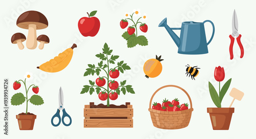 Delightful collection of gardening and harvest elements featuring fresh fruits vegetables tools and charming insects for a vibrant garden.