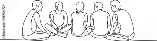 Minimalist continuous line drawing of group discussion, abstract teamwork illustration, modern vector art, communication, collaboration, community concept