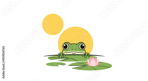 Adorable illustration of a shy frog peeking from behind green lily pads with a pink lotus flower and yellow suns.