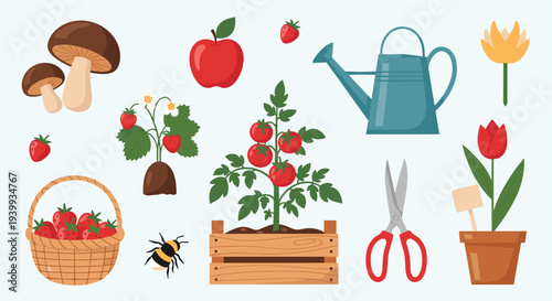 Comprehensive collection of fresh gardening and harvest elements including ripe fruits vegetables tools and buzzing insects.