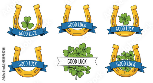 Charming collection of six golden horseshoe designs adorned with four-leaf clovers and "GOOD LUCK" banners symbolizing fortune.
