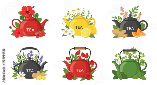 Elegant set of six distinct tea labels or emblems showcasing various herbal fruit and spice infusions around charming teapots.