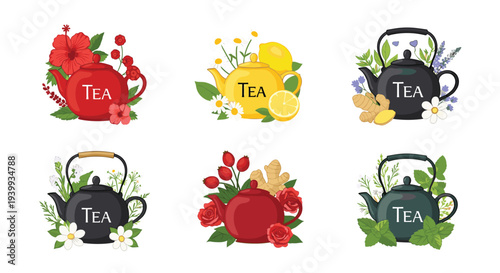 Beautiful collection of six unique tea labels or emblems presenting different blends of herbal fruit and floral teas with teapots.