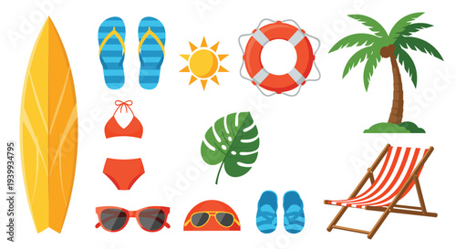 Vibrant collection of essential summer beach and vacation items including a surfboard flip-flops and a relaxing deck chair.