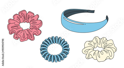 Stylish collection of various hair accessories including colorful scrunchies a spiral hair tie and a chic headband for diverse hairstyles.