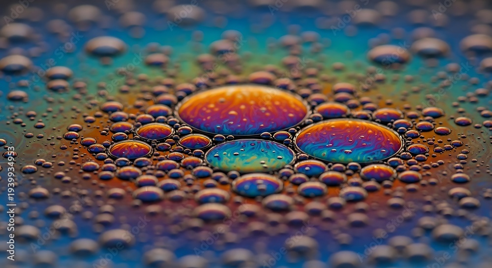 Obraz premium A mesmerizing macro shot captures numerous iridescent oil and water bubbles of various sizes, creating a stunning abstract pattern with vibrant rainbow colors reflecting on a textured surface.