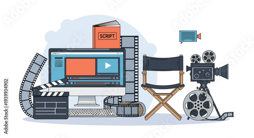 Comprehensive illustration of movie production and filmmaking elements including a video editing computer script and film camera.