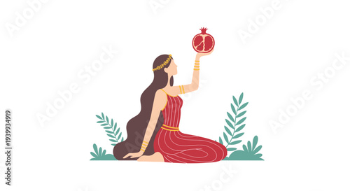 Graceful illustration of a woman with long flowing hair wearing ancient attire holding a half pomegranate surrounded by lush leaves.