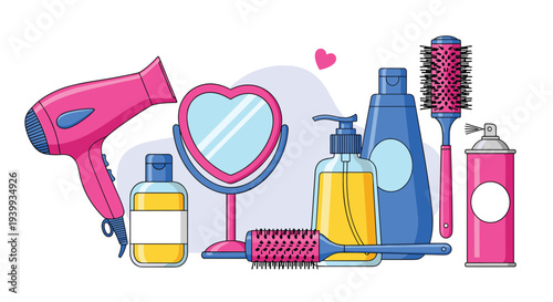 Comprehensive collection of vibrant hair care essentials including a hairdryer various brushes shampoo and styling products.