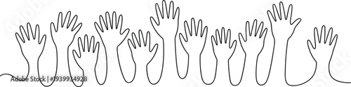 Minimalist continuous line drawing of multiple raised hands in row, symbolizing unity, participation, volunteering, support, celebration, collective action