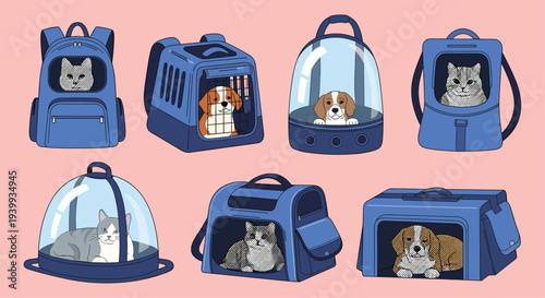 Diverse collection of modern pet carriers and travel bags in various styles and sizes designed for cats and dogs.