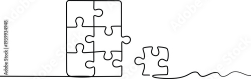 Minimalist continuous line drawing of puzzle pieces, abstract problem‑solving illustration, modern vector art, missing piece, solution, completion concept