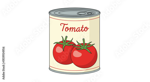 Classic illustration of a metal can labeled "Tomato" featuring two vibrant fresh tomatoes perfect for cooking ingredients.