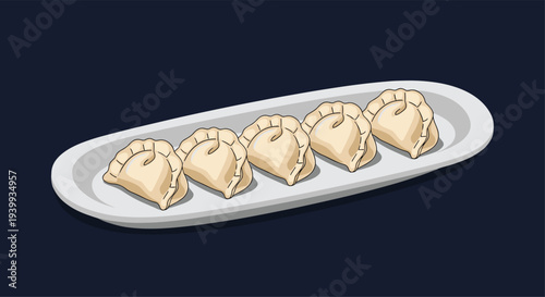 Appetizing illustration of five perfectly crafted dumplings neatly arranged on a white oval plate ready for a delicious meal.