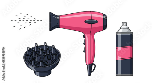 Essential hair styling tools and products including a pink hairdryer a diffuser attachment and a can of hairspray.