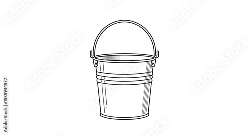 Detailed line drawing of a simple metal bucket with a handle, shown in a vintage engraving style on a white background.