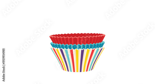 Vibrant stack of colorful striped cupcake liners with a red one on top perfect for baking delicious treats.