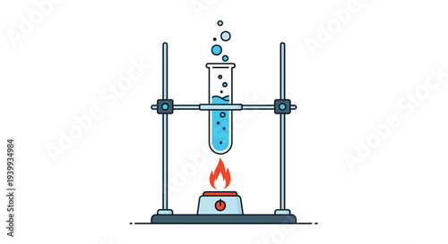 Science lab equipment featuring a test tube with blue liquid being heated by a burner flame on a metal stand.