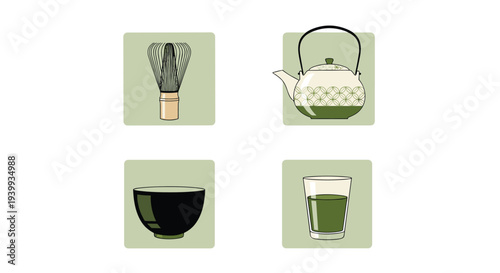 Elegant set of four square icons illustrating the art of matcha tea preparation from whisking to enjoying.