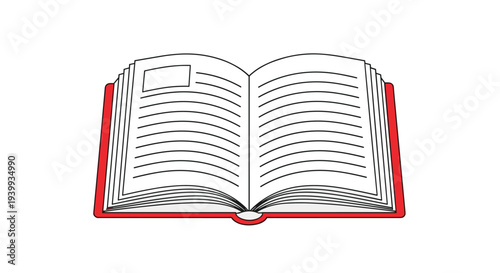 Illustration of an open book with a red cover and white pages filled with lines of text and a small rectangular placeholder.