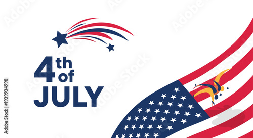 Patriotic fourth of july illustration featuring the american flag and a soaring star with red and blue trails on white background.