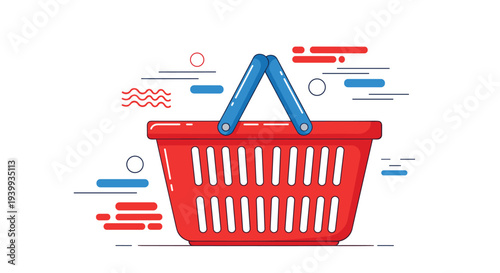 Red plastic shopping basket with blue handles depicted with abstract colorful shapes and lines indicating speed and retail activity.