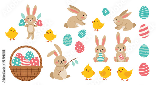 Adorable collection of various Easter-themed elements featuring cute bunnies chicks and brightly decorated eggs.