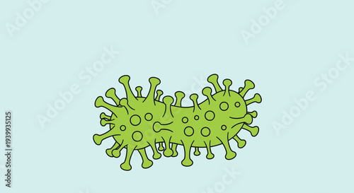 Cartoon character illustration of a green virus or germ with many protruding spikes and eyes on a light blue background for health education.