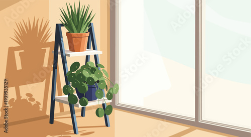 Potted indoor plants including aloe vera and money plant displayed on a minimalist white ladder shelf by a bright sliding glass door.