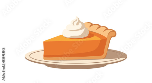 Delicious slice of classic pumpkin pie topped with a generous dollop of whipped cream served on a white plate.